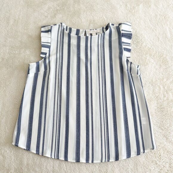 Monteau Sleeveless Blouse Size XL Blue White Stripe Flutter Sleeves - Picture 5 of 10